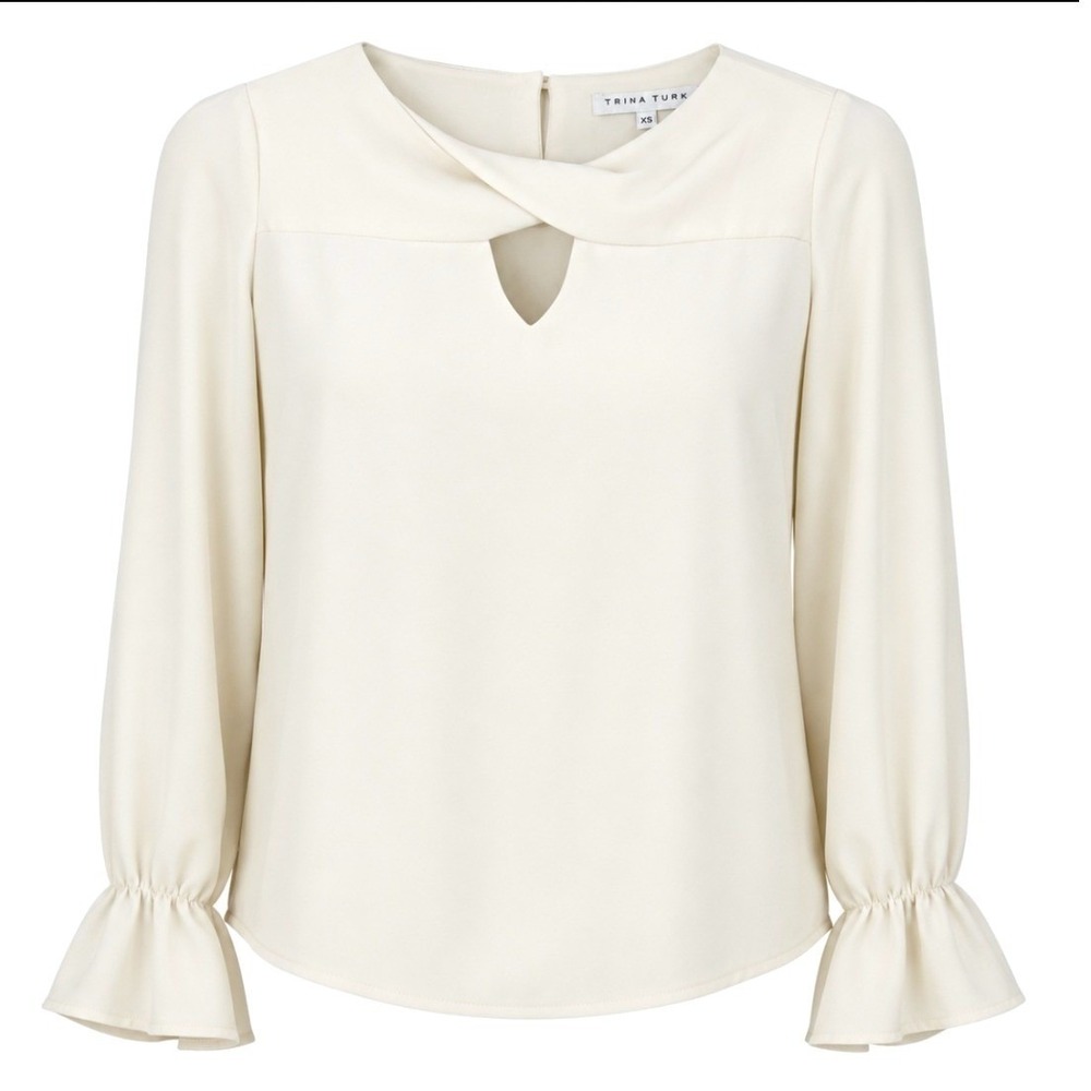 Trina Turk Akayo Keyhole Blouse Long Sleeve Ruffle Cuff Cream Feminine Top XS - Picture 2 of 12